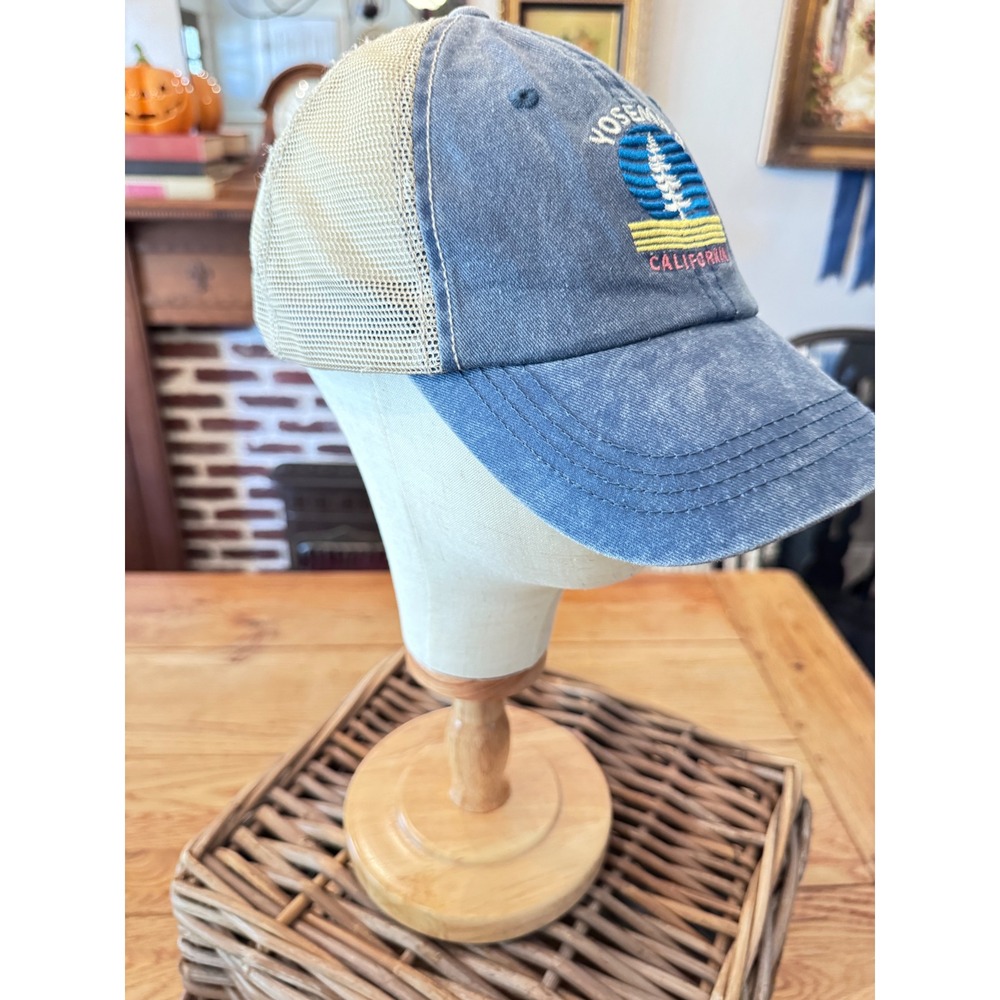 Home Free Yosemite California Trucker Hat Acid Wash Denim Mesh Back Blue Cap